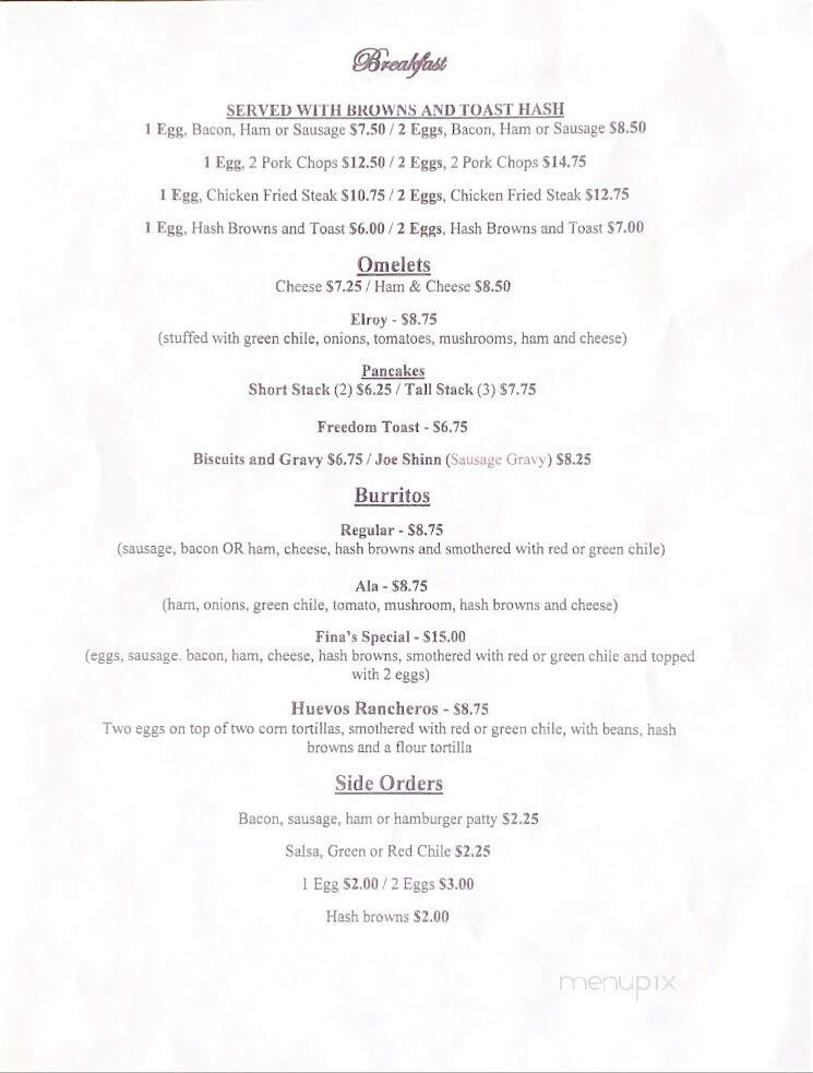 Fina's Diner - Chama, NM menu_pic