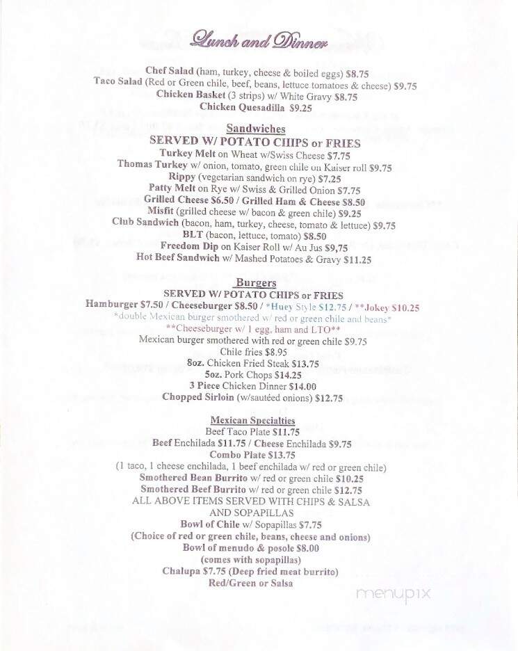 Fina's Diner - Chama, NM menu_pic
