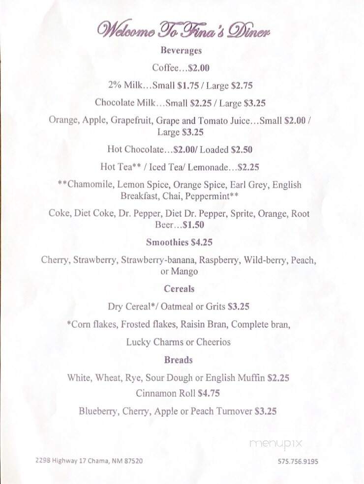 Fina's Diner - Chama, NM menu_pic