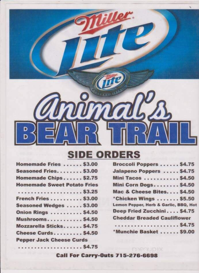 Animal's Bear Trail - Mountain, WI menu_pic
