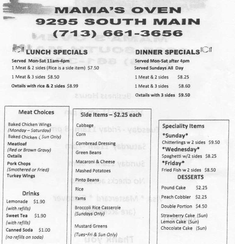 Mama's Oven - Houston, TX menu_pic