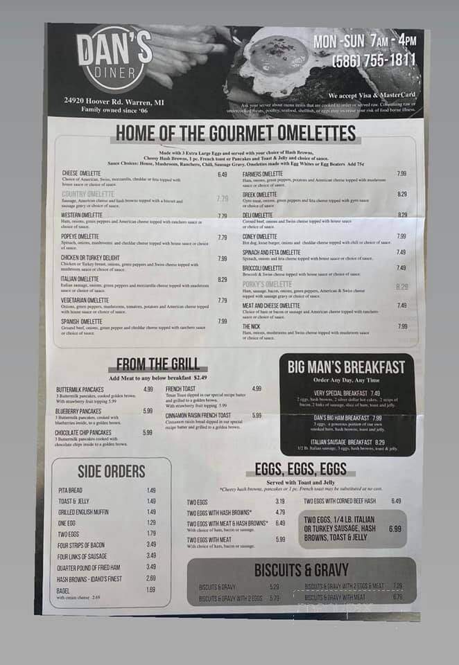 Dan's Diner - Warren, MI menu_pic