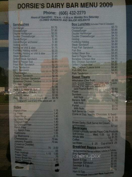 Dorsie's Dairy Bar - Pikeville, KY menu_pic