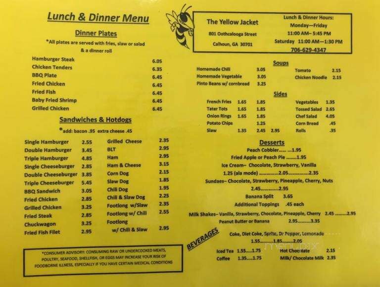 Yellow Jacket Drive In Restaurant - Calhoun, GA menu_pic