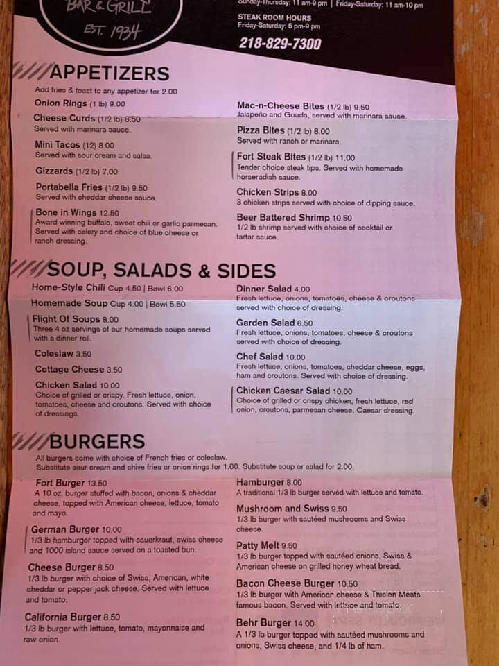 Fort Steakhouse - Fort Ripley, MN menu_pic