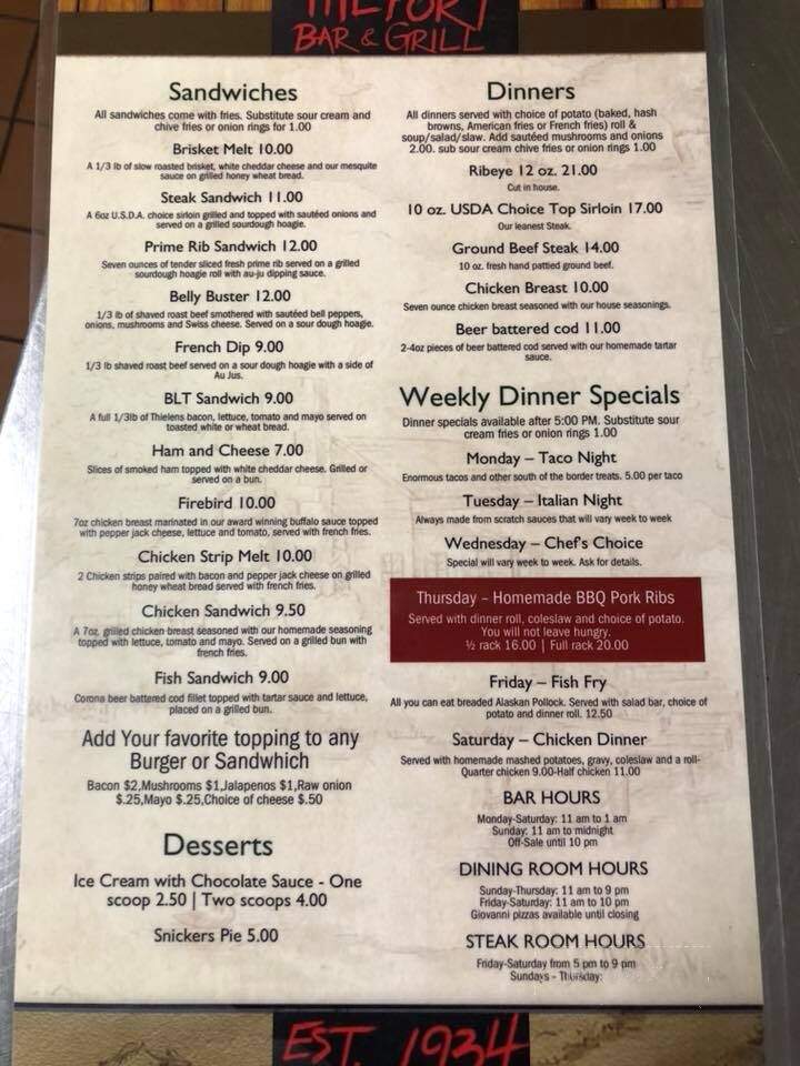 Fort Steakhouse - Fort Ripley, MN menu_pic