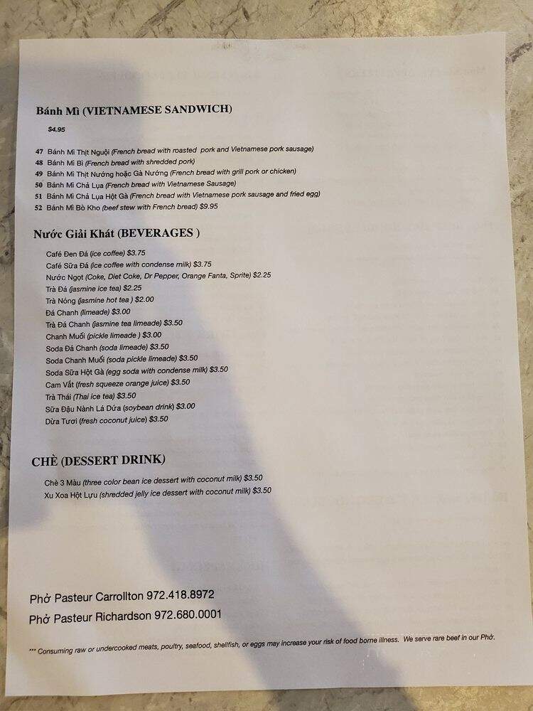 Pho Pasteur 2 - Carrollton, TX menu_pic