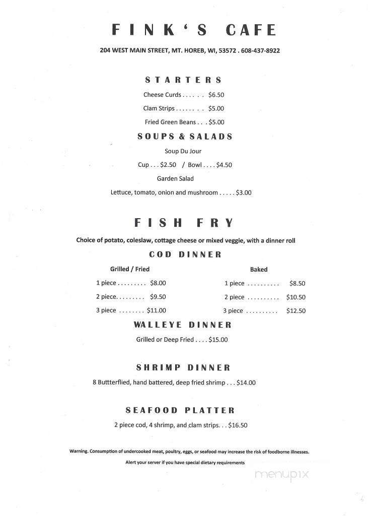 Fink's Restaurant - Mount Horeb, WI menu_pic