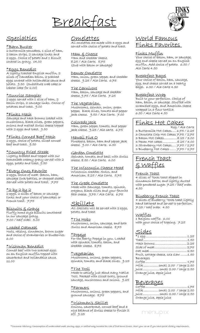 Fink's Restaurant - Mount Horeb, WI menu_pic