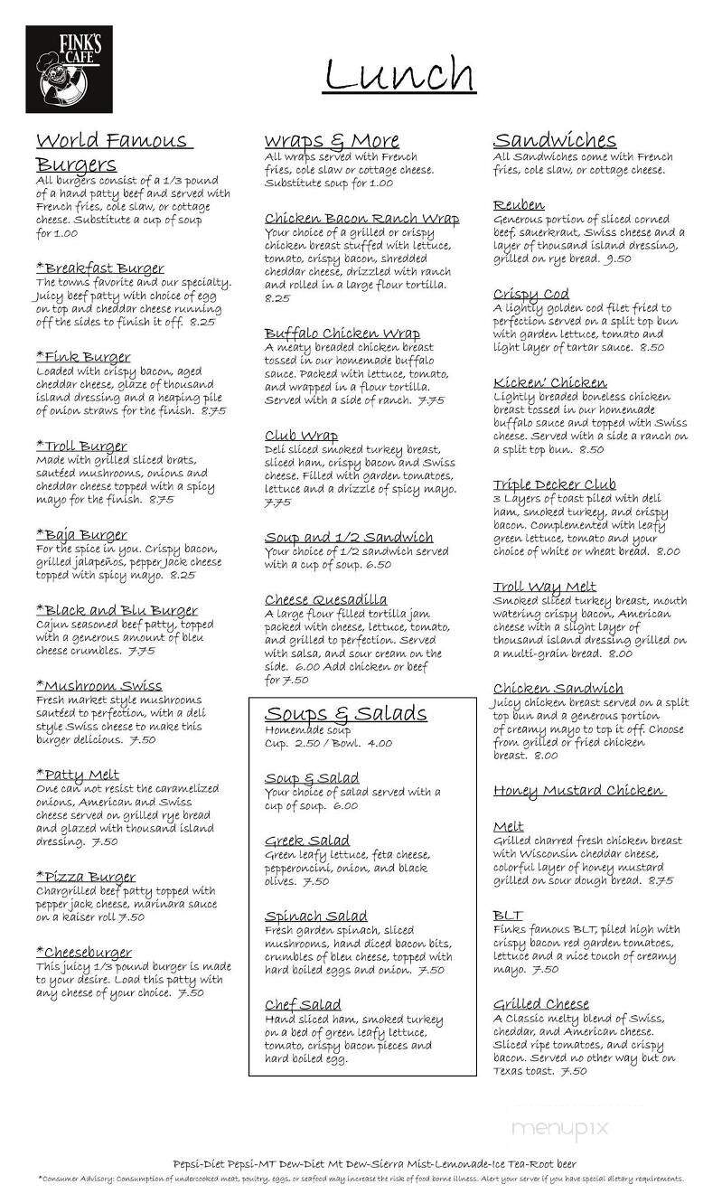 Fink's Restaurant - Mount Horeb, WI menu_pic
