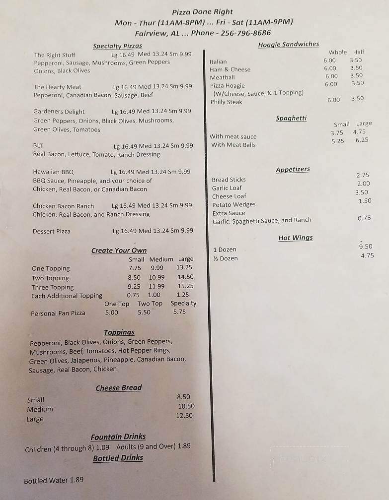 Pizza Done Right - Cullman, AL menu_pic