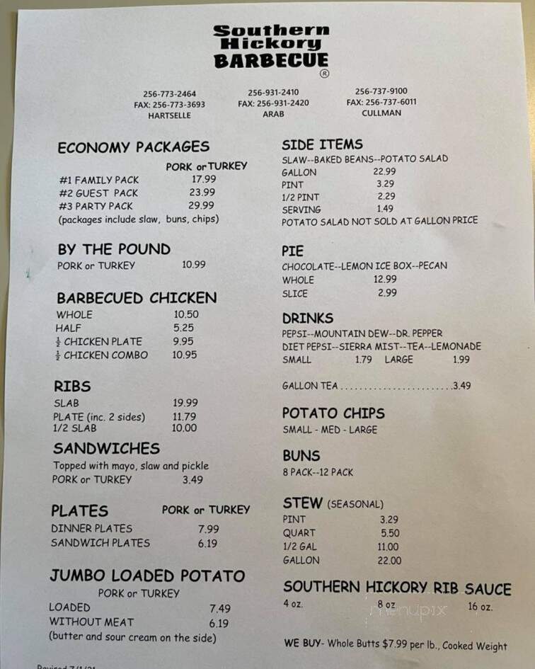 Southern Hickory Barbecue - Hartselle, AL menu_pic