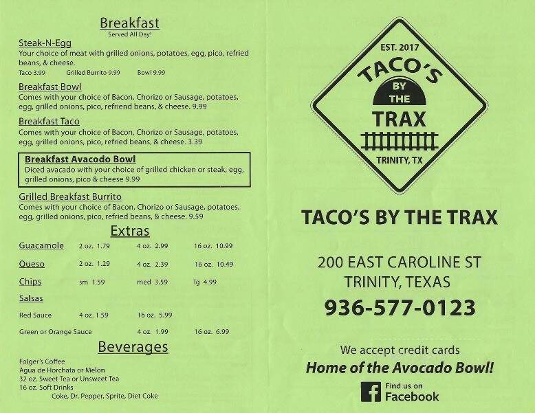 Taco's by The Trax - Trinity, TX menu_pic