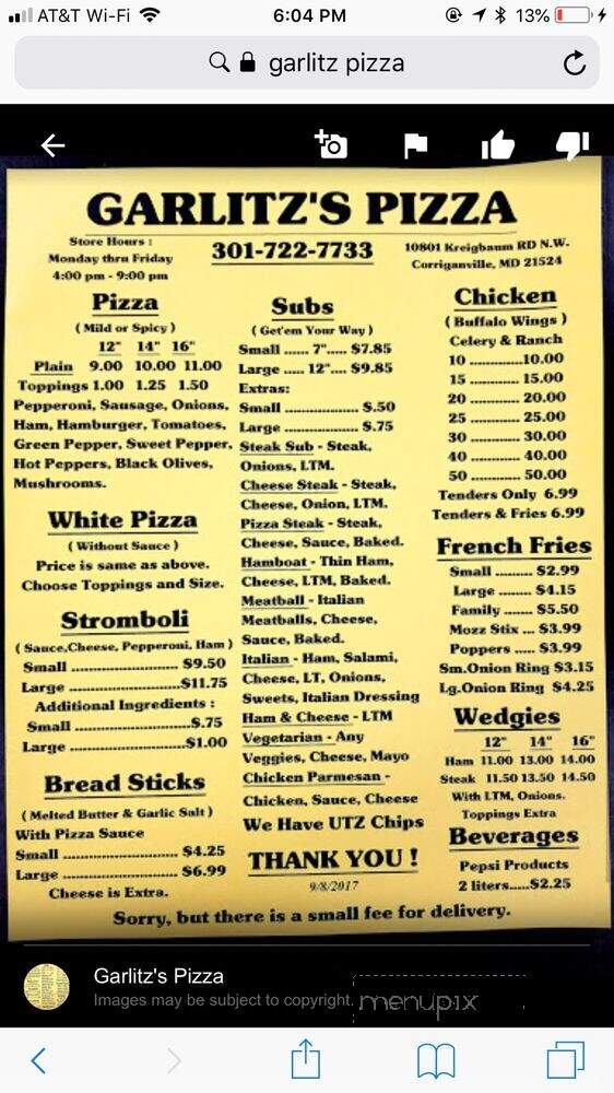Garlitz's - Corriganville, MD menu_pic