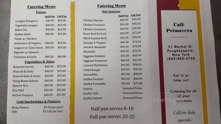 Cafe Primavera - Poughkeepsie, NY menu_pic