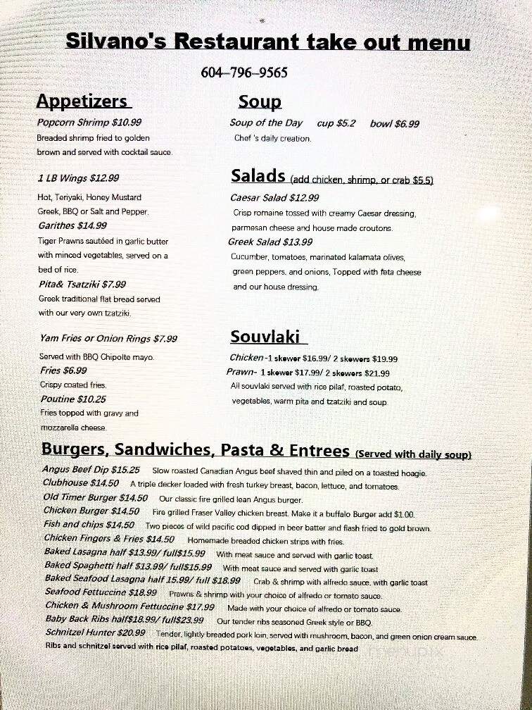 Silvano's Restaurant - Agassiz, BC menu_pic