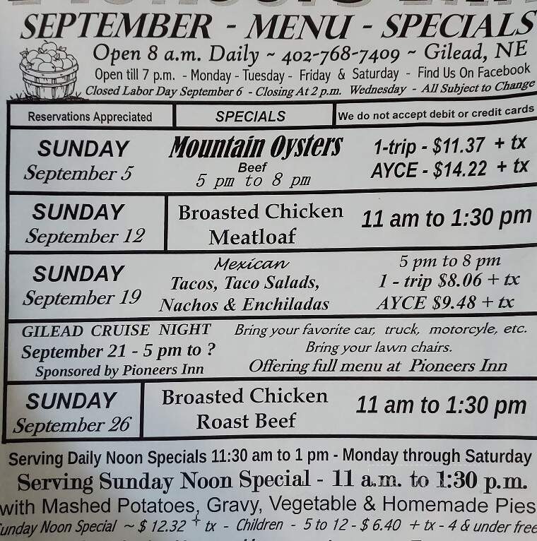 Pioneers Inn - Gilead, NE menu_pic
