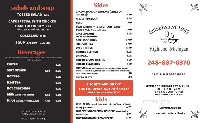 D's Colonial Cafe - Highland, MI menu_pic