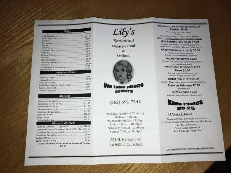 Lily's Restaurant - La Habra, CA menu_pic