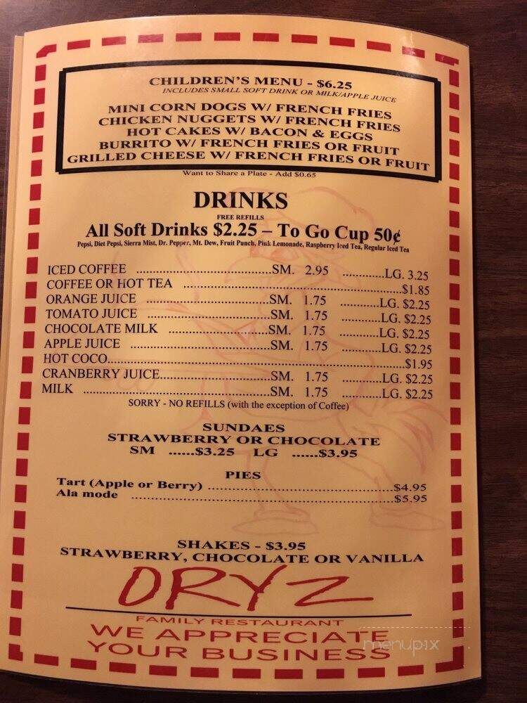 Oryz Family Restaurant - Hemet, CA menu_pic