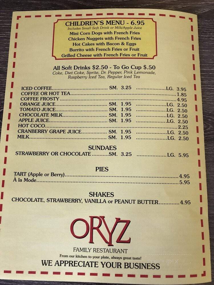Oryz Family Restaurant - Hemet, CA menu_pic