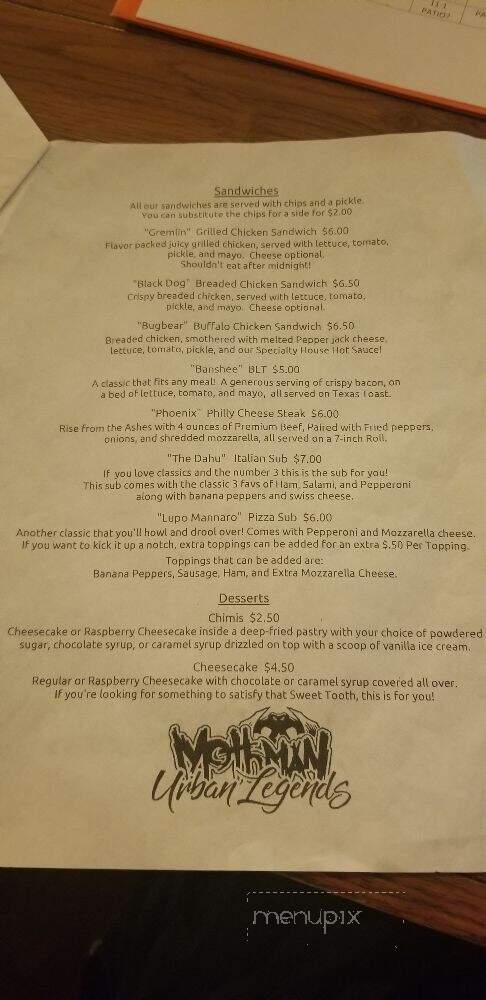 Mothman Urban Legends Bar and Grille - Point Pleasant, WV menu_pic