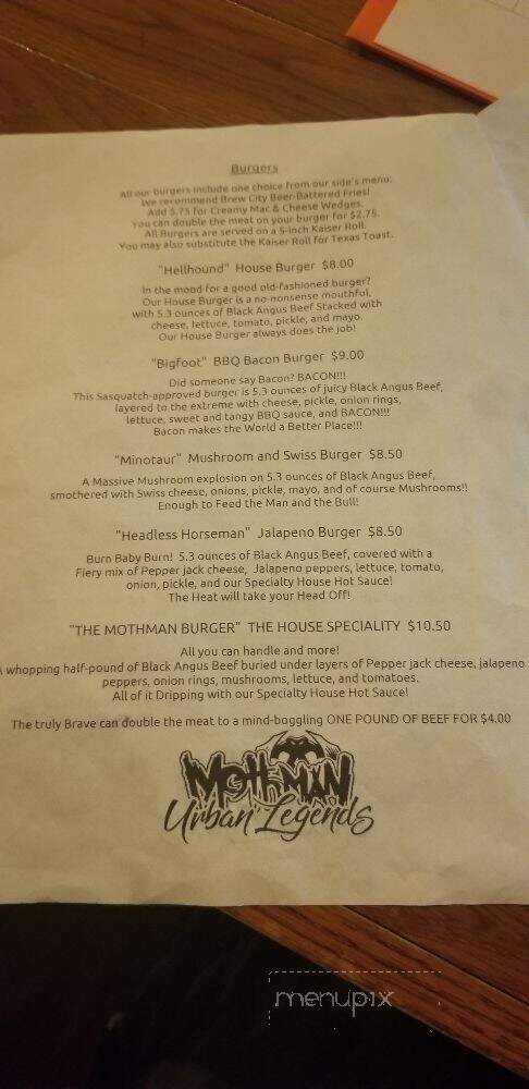 Mothman Urban Legends Bar and Grille - Point Pleasant, WV menu_pic