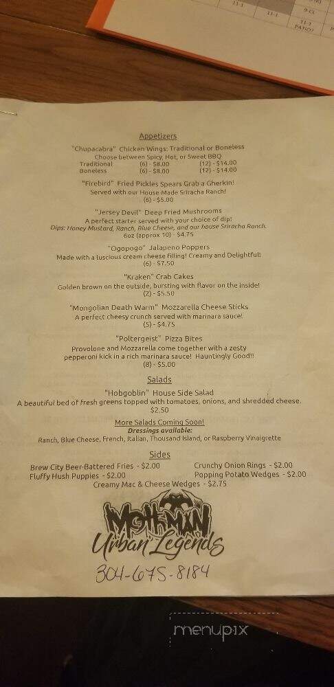 Mothman Urban Legends Bar and Grille - Point Pleasant, WV menu_pic
