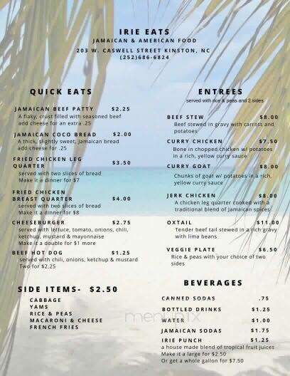 Irie Eats - Kinston, NC menu_pic
