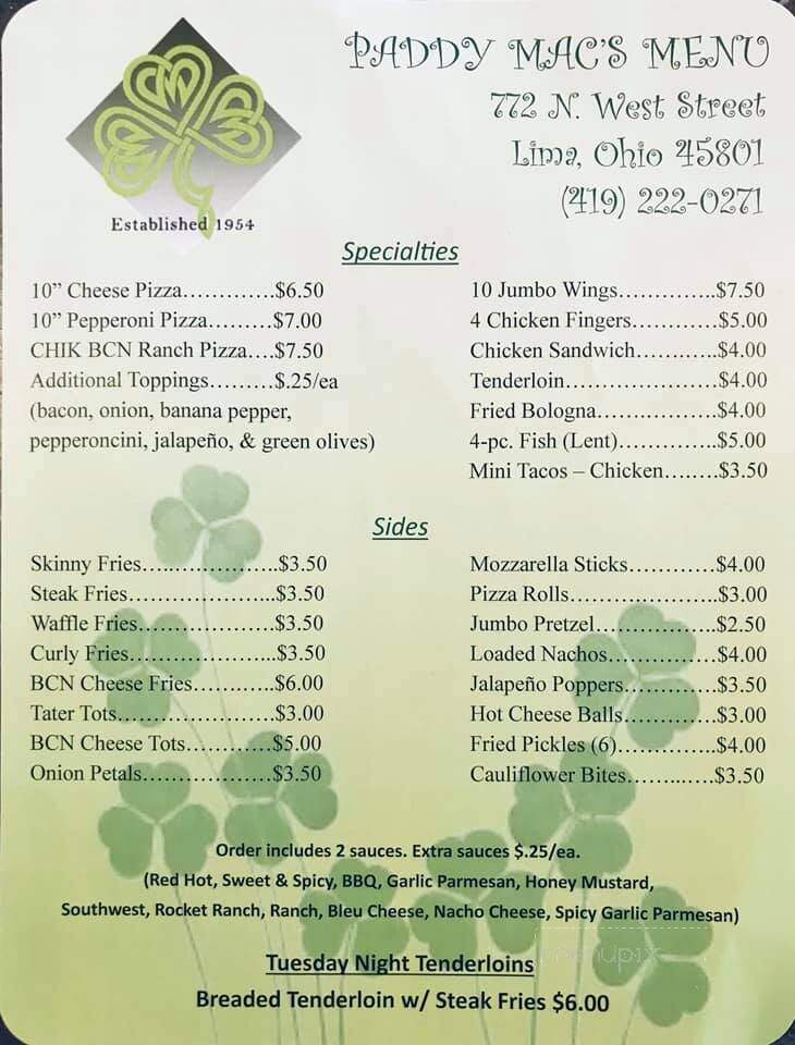 Paddy Mac's - Lima, OH menu_pic
