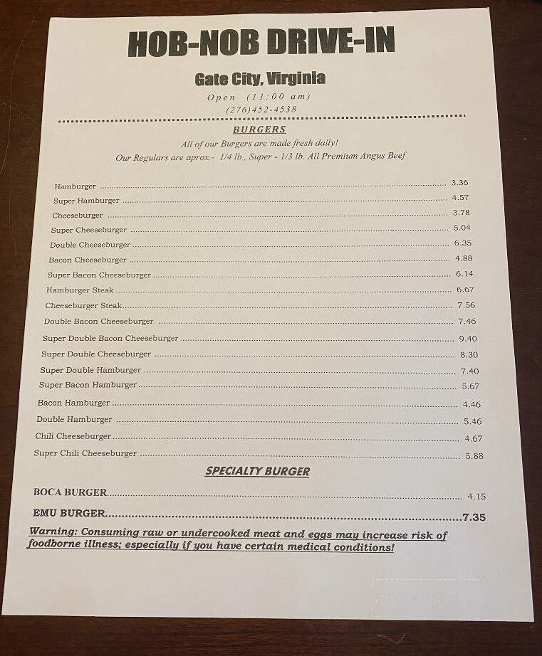 Hob-Nob Drive In - Gate City, VA menu_pic