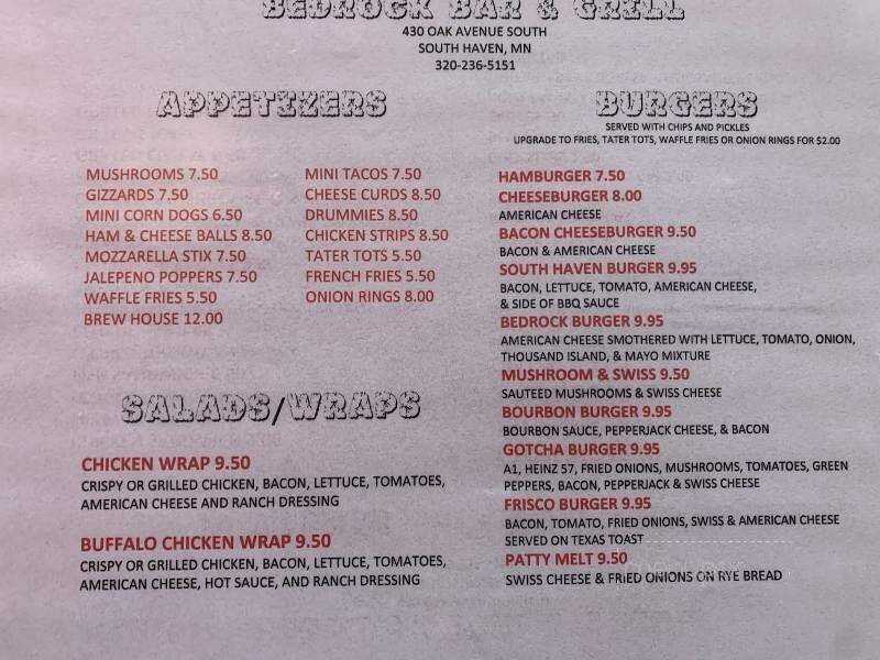 Bedrock Bar and Grill - South Haven, MN menu_pic