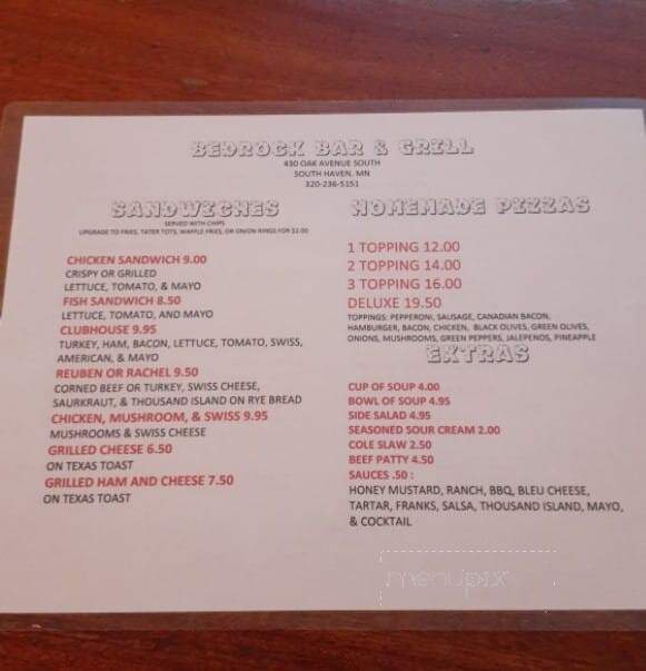 Bedrock Bar and Grill - South Haven, MN menu_pic