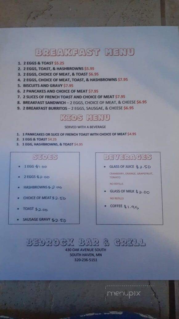 Bedrock Bar and Grill - South Haven, MN menu_pic