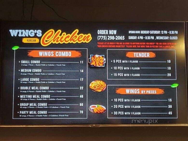 Wing's Korean Chicken - Incline Village, NV menu_pic