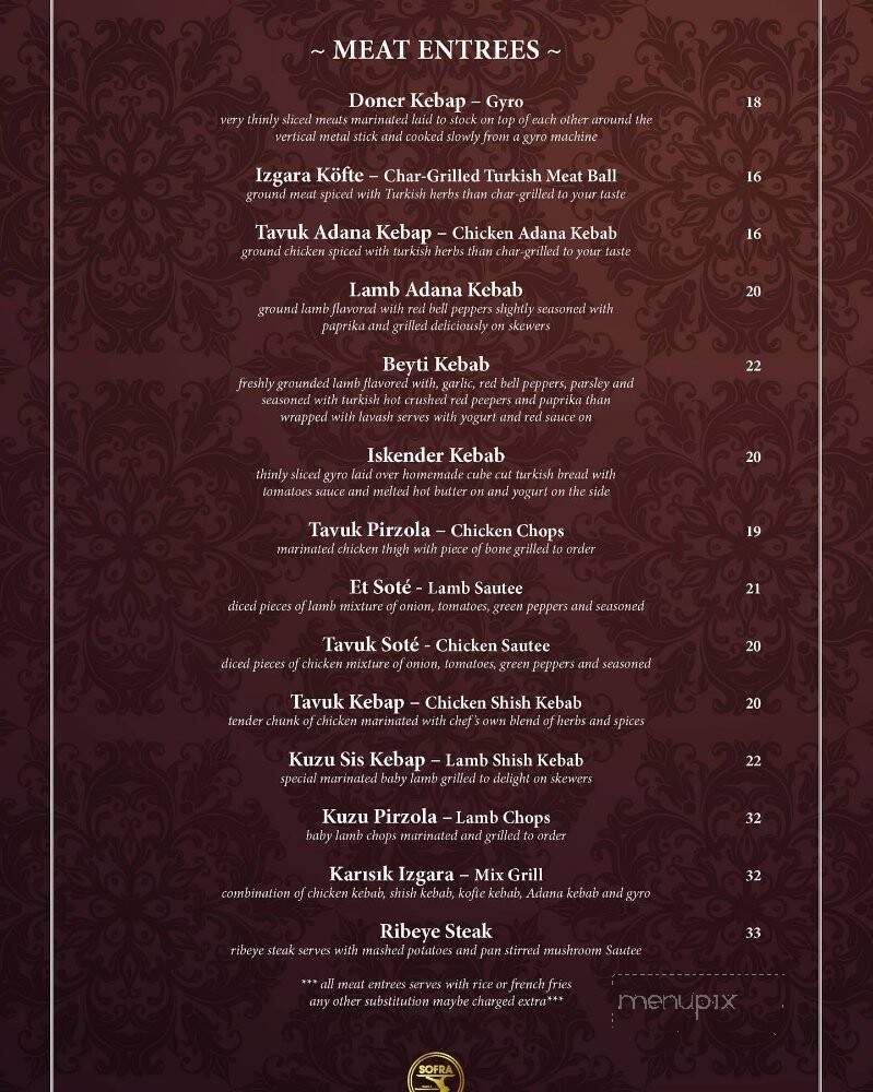 Sofra Turkish & Mediterranean Cuisine - East Brunswick, NJ menu_pic