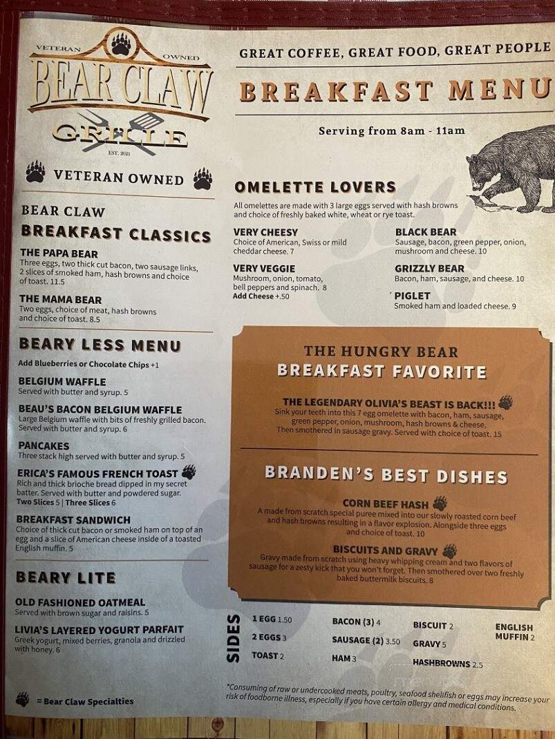 Olivia's Bearclaw Grille - Barton City, MI menu_pic