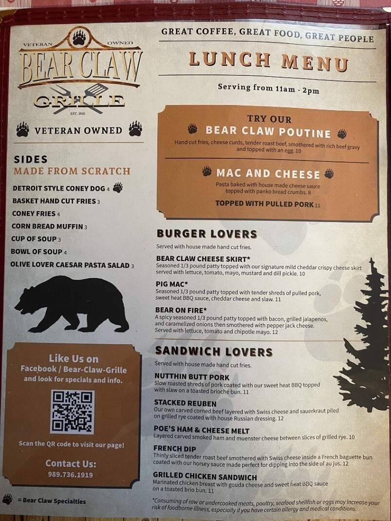 Olivia's Bearclaw Grille - Barton City, MI menu_pic