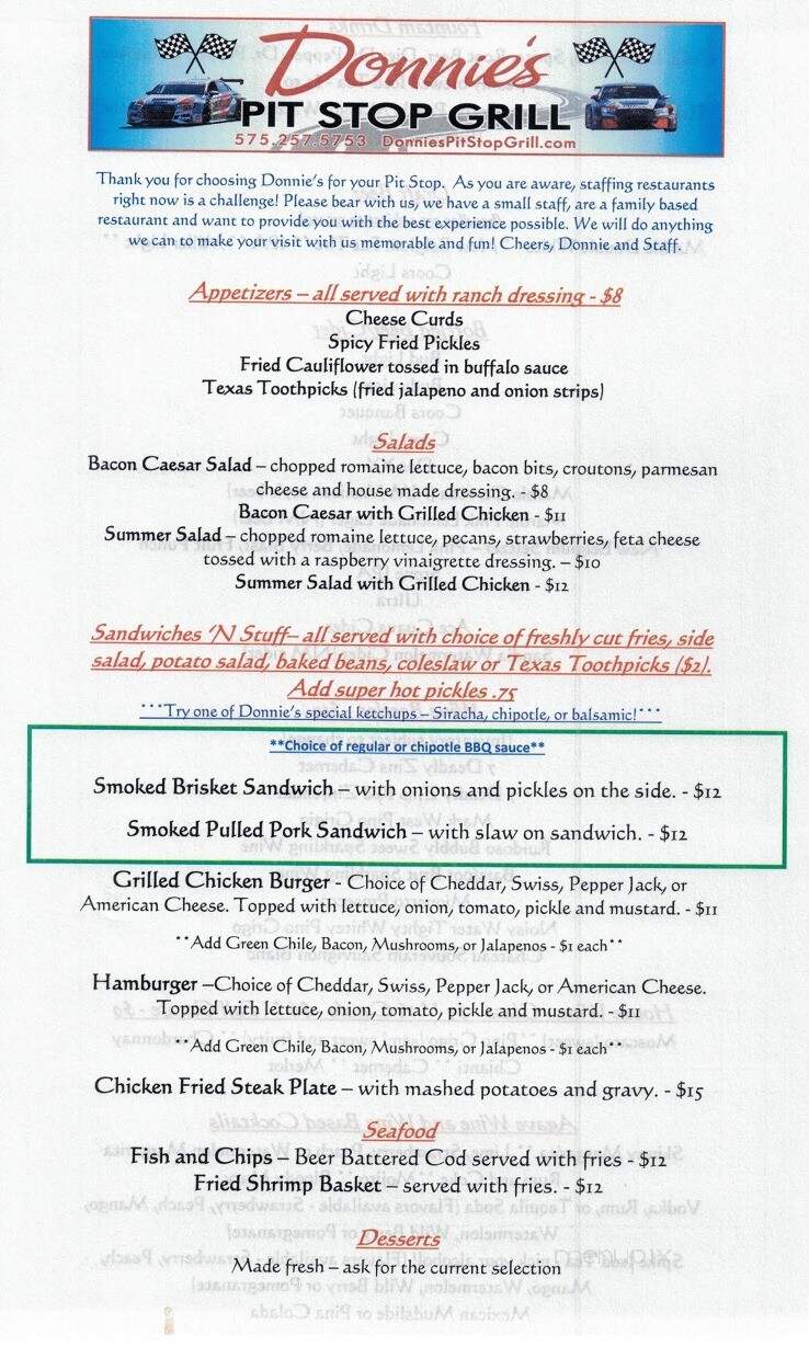 Donnie's Pit Stop Grill - Ruidoso, NM menu_pic