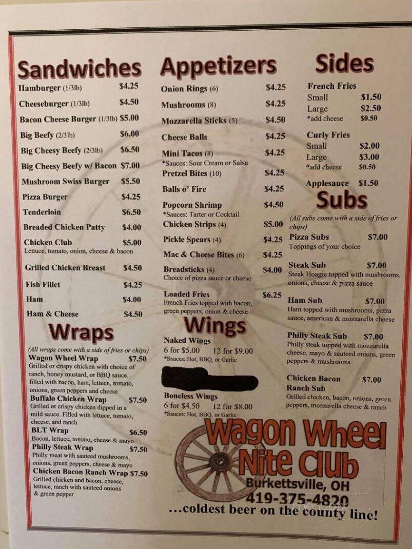 Wagon Wheel Nite Club - Burkettsville, OH menu_pic