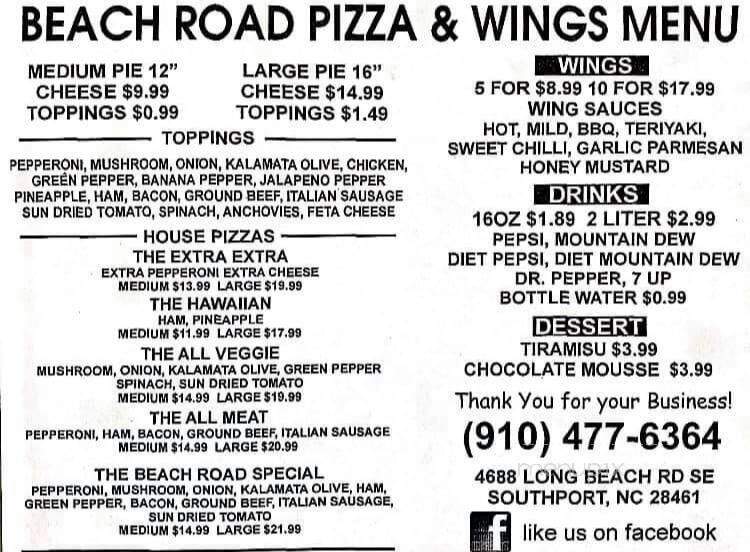 Beach Road Pizza and Wings - Southport, NC menu_pic