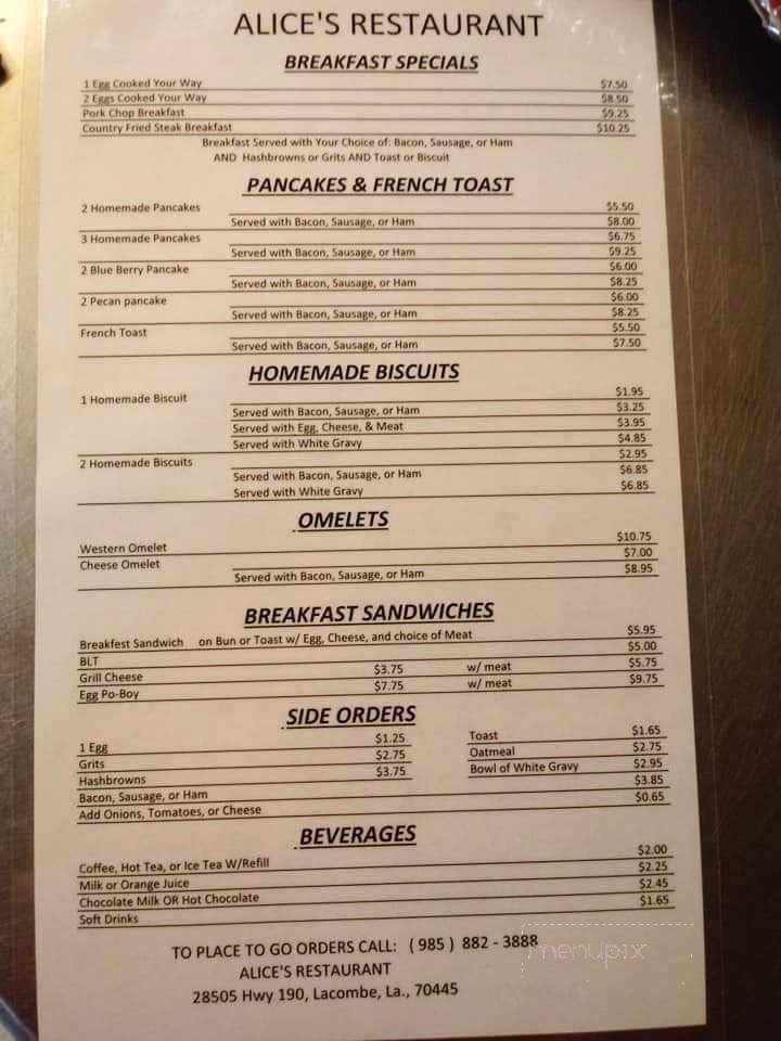 Alice's Restaurant - Lacombe, LA menu_pic
