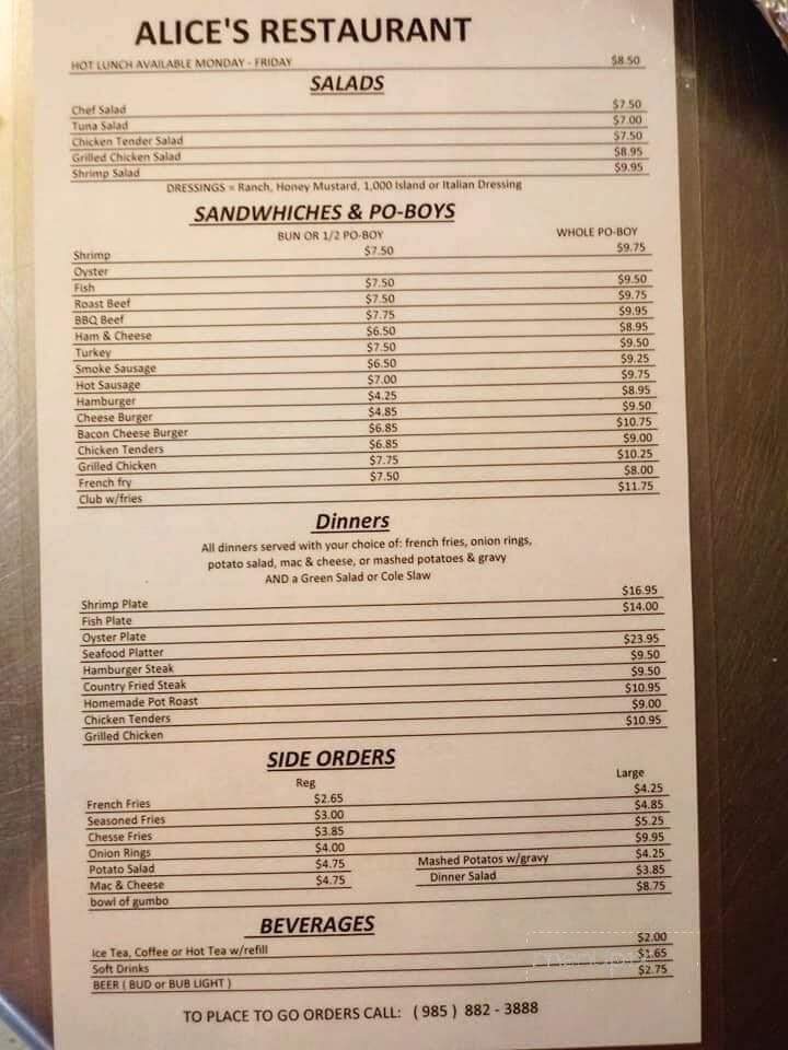 Alice's Restaurant - Lacombe, LA menu_pic
