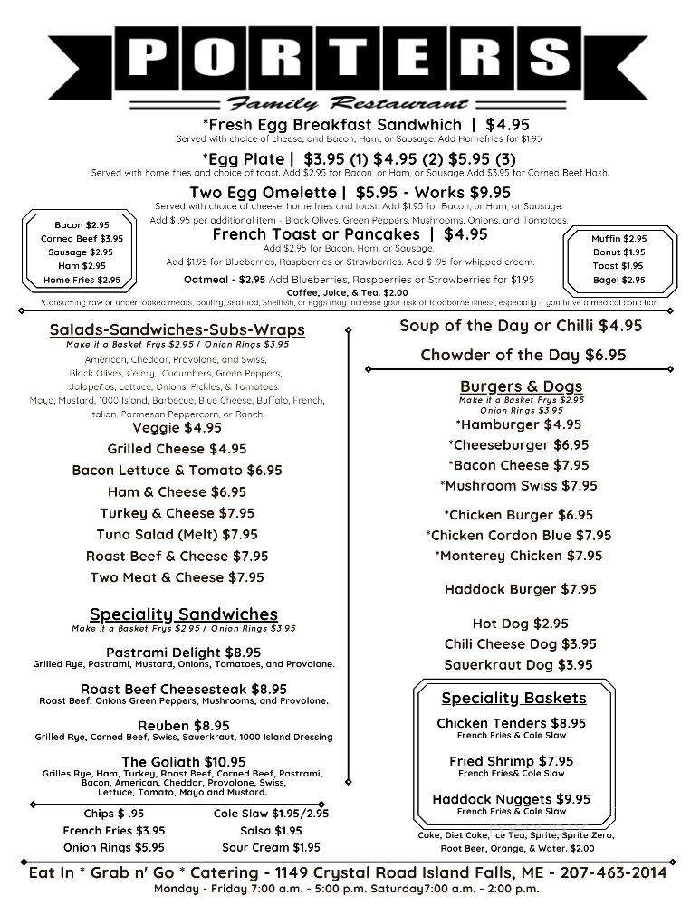 Porter's Restaurant - Island Falls, ME menu_pic