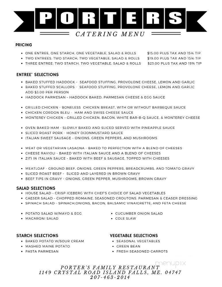 Porter's Restaurant - Island Falls, ME menu_pic