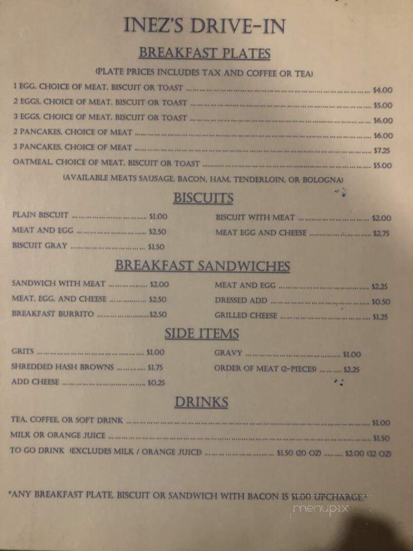 Inez's Drive Inn - Tishomingo, MS menu_pic
