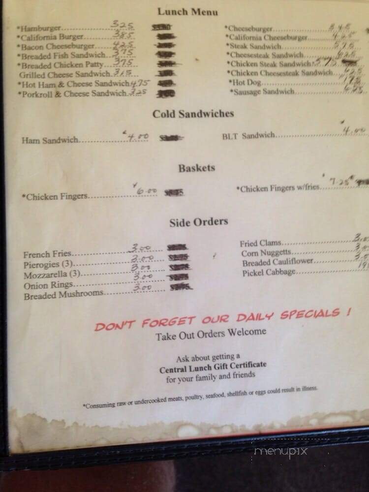 Central Lunch - Weissport, PA menu_pic