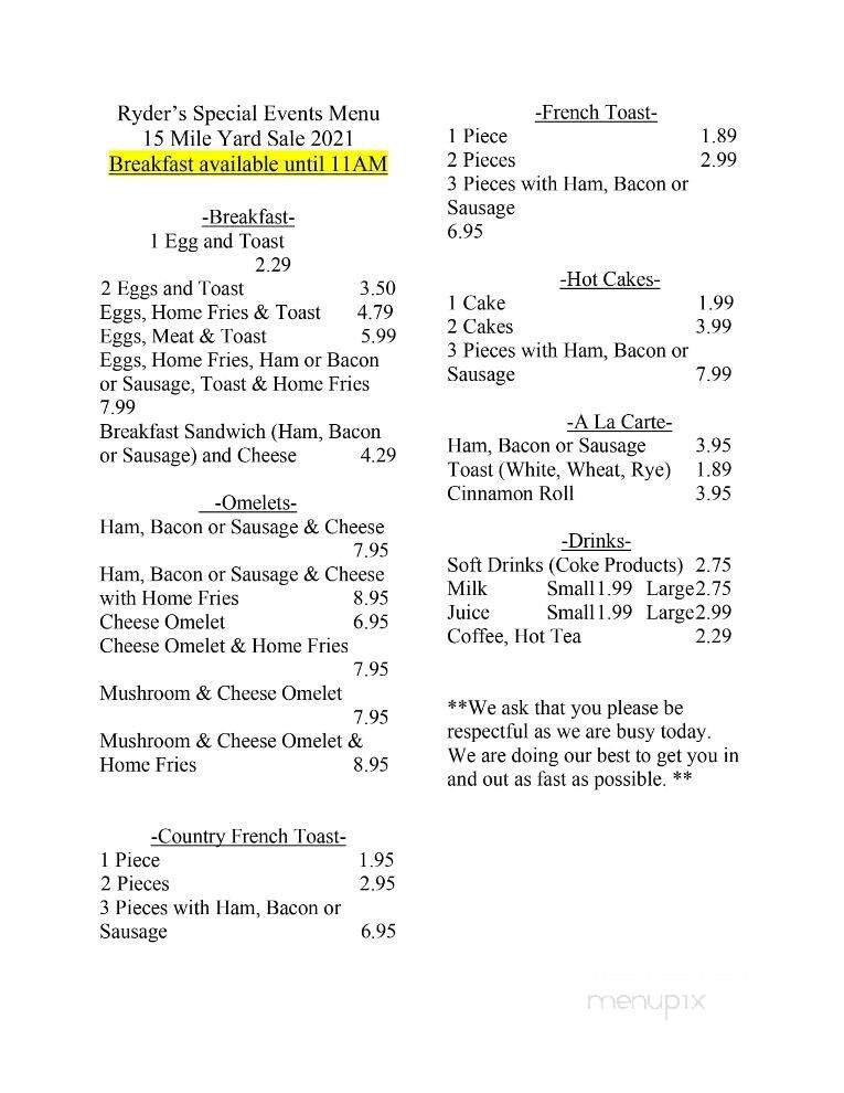 Ryder's Restaurant & Motel - New Wilmington, PA menu_pic