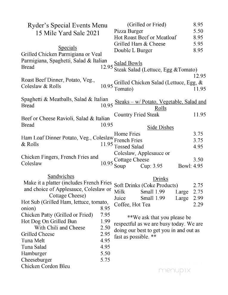 Ryder's Restaurant & Motel - New Wilmington, PA menu_pic
