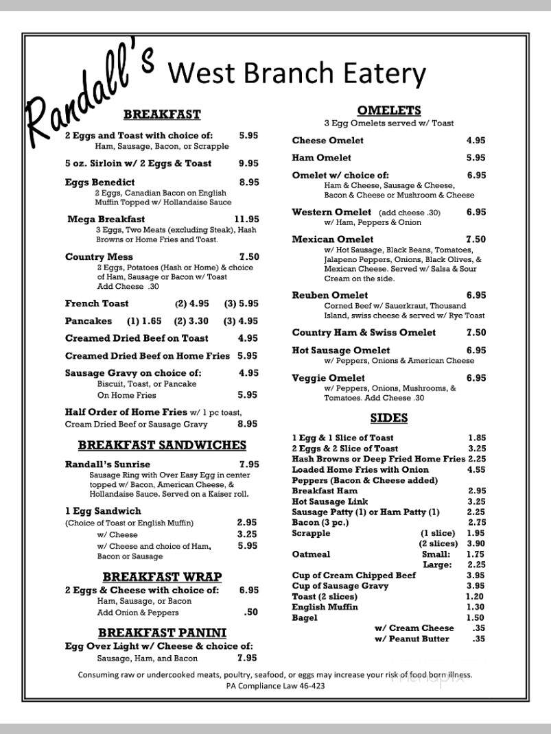 Randall's West Branch Eatery - Milton, PA menu_pic